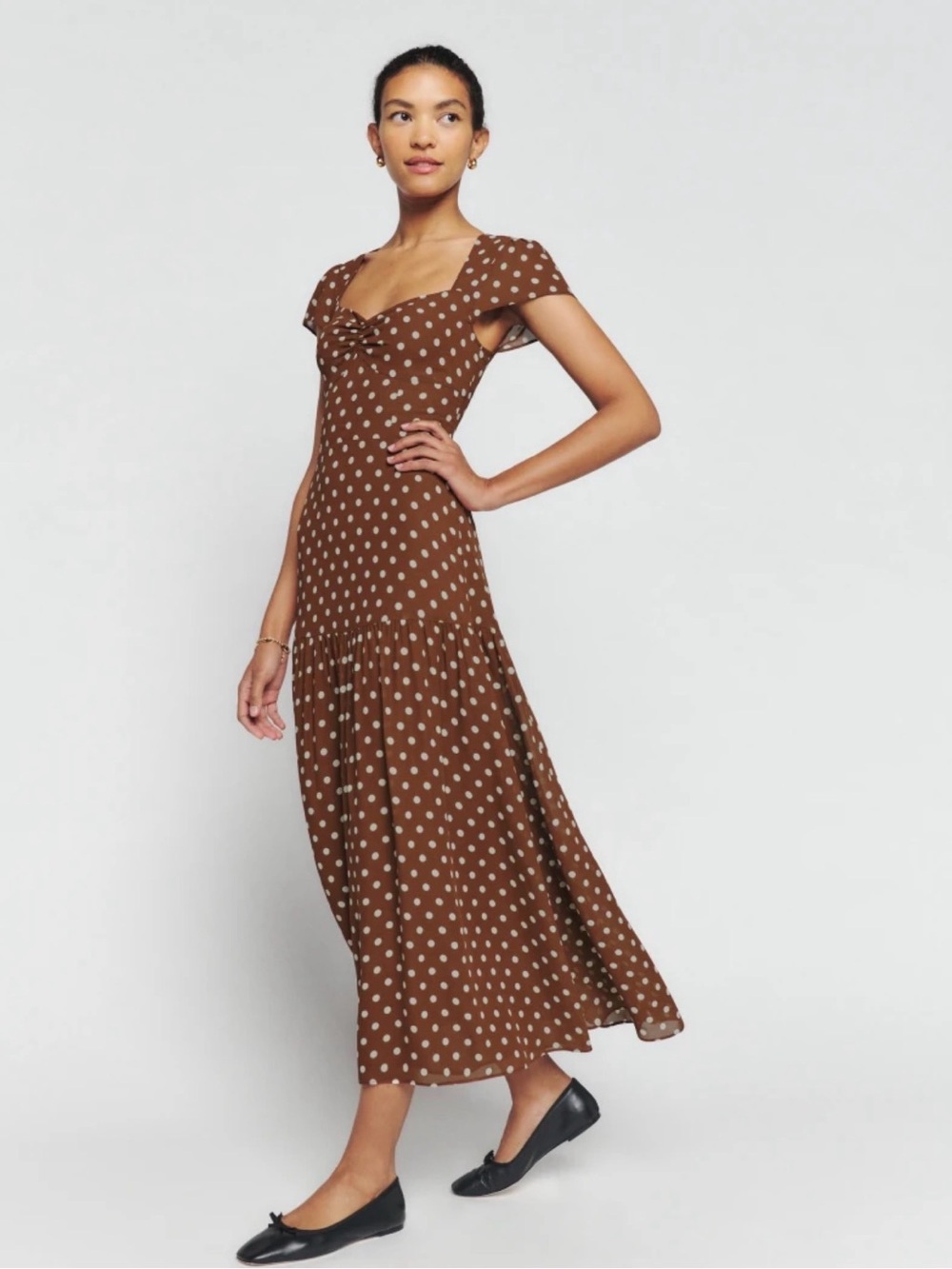 Reformation Myah Brown Polka Dot Midi Dress with Knot Front